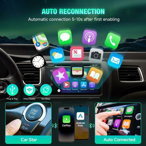 Wireless CarPlay & Android Auto Adapter 2 in 1 Plug Play Convert Wired to Wireless Adapter Apple CarPlay Android Auto Bluethooth Stable Low Latency