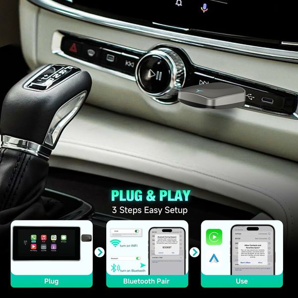 Wireless CarPlay & Android Auto Adapter 2 in 1 Plug Play Convert Wired to Wireless Adapter Apple CarPlay Android Auto Bluethooth Stable Low Latency