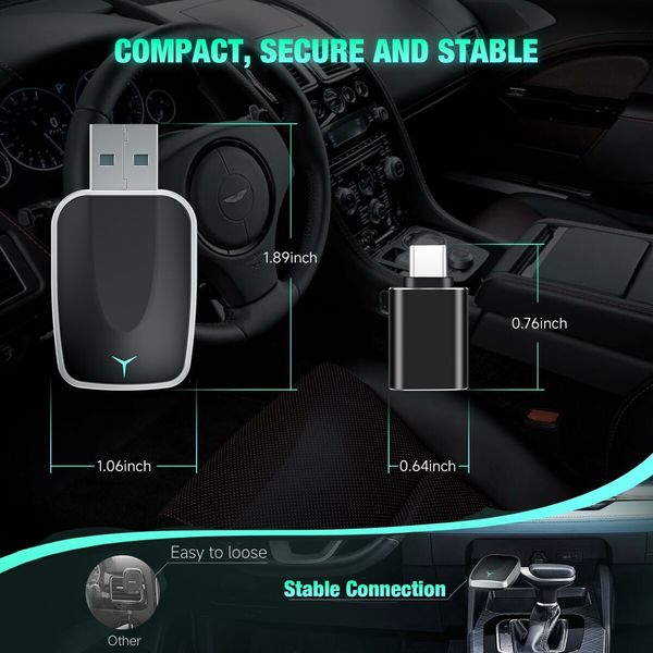 Wireless CarPlay & Android Auto Adapter 2 in 1 Plug Play Convert Wired to Wireless Adapter Apple CarPlay Android Auto Bluethooth Stable Low Latency