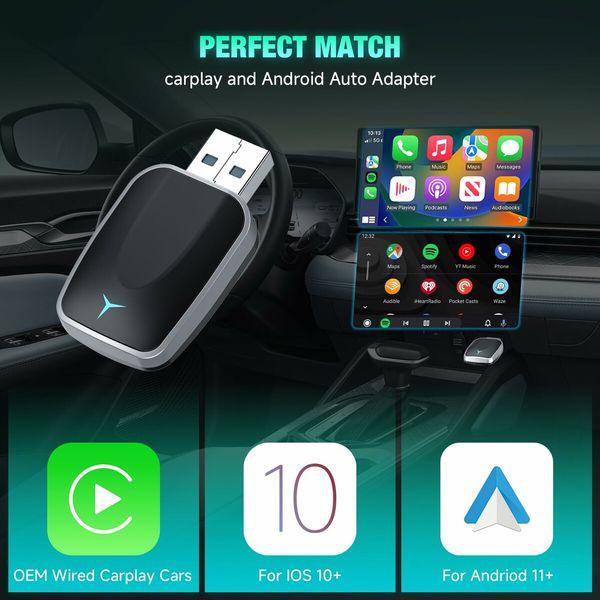 Wireless CarPlay & Android Auto Adapter 2 in 1 Plug Play Convert Wired to Wireless Adapter Apple CarPlay Android Auto Bluethooth Stable Low Latency