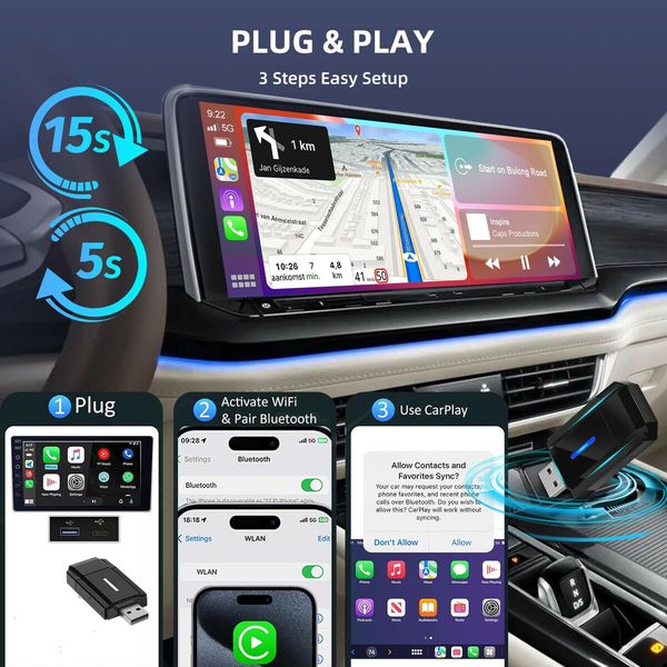 Wireless CarPlay Adapter iPhone Convert Wired to Wireless Android Auto Dongle Activator Mini USB-C Type-C Interface WiFi Map Voice Control