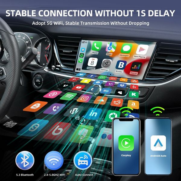 Wireless CarPlay Adapter iPhone Convert Wired to Wireless Android Auto Dongle Activator Mini USB-C Type-C Interface WiFi Map Voice Control