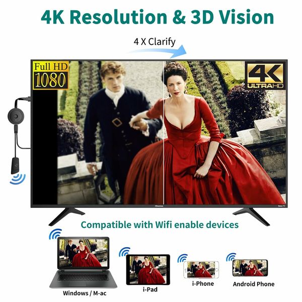 4K Wireless HDMI Display Dongle Adapter 1080P WiFi Streaming Movies Shows Receiver for iPhone iPad Android Tablet Laptop(2.4G)