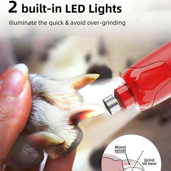 Dog Nail Grinder Quiet 45db 6Speed Pet Nail Trimmer 2 LED Lights Rechargeable Electric with Dust Cap