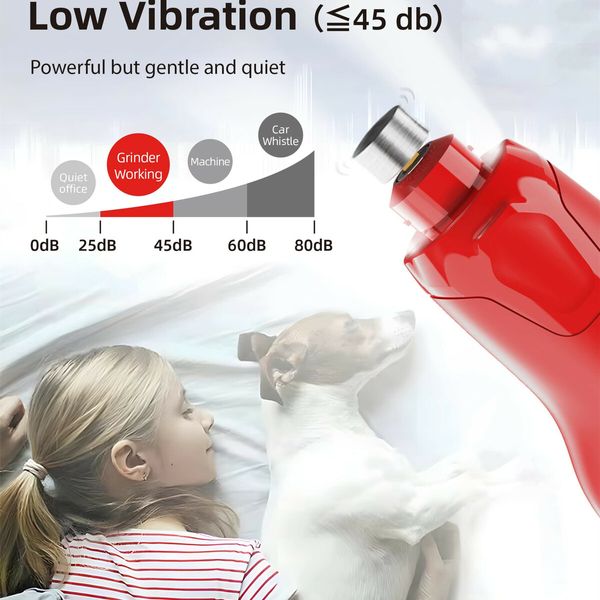 Dog Nail Grinder Quiet 45db 6Speed Pet Nail Trimmer 2 LED Lights Rechargeable Electric with Dust Cap