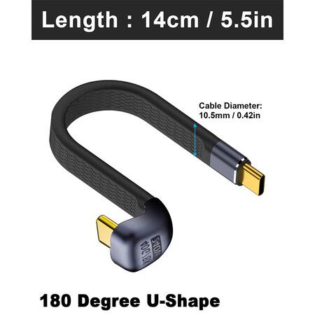 5inch USB C Cable 240W, U Shape 180 Degree USB C to C Cable 40Gbps, Flat and Flexible Type C Fast Charging Cable