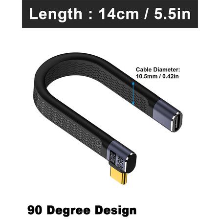 Flat Short USB C Extension Cable 5inch, 240W Right Angle USB C Male to Female Cable, 40Gbps USB 4.0 Type C Extender Cable