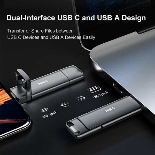 SSK 128GB Dual USB C Flash Drive,2-in-1 Type C+ USB A 3.2 Gen2 Solid State Thumb Drive,Speed Up to 550MB/s Memory Stick Data Storage