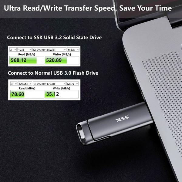 SSK 128GB Dual USB C Flash Drive,2-in-1 Type C+ USB A 3.2 Gen2 Solid State Thumb Drive,Speed Up to 550MB/s Memory Stick Data Storage