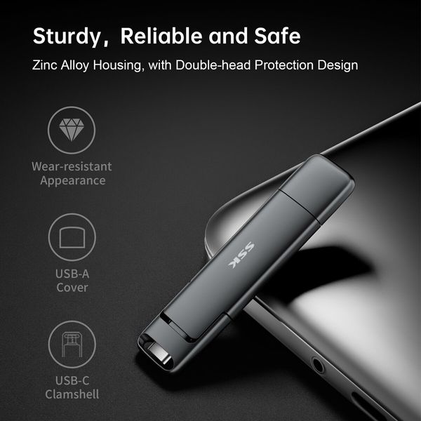 SSK 128GB Dual USB C Flash Drive,2-in-1 Type C+ USB A 3.2 Gen2 Solid State Thumb Drive,Speed Up to 550MB/s Memory Stick Data Storage