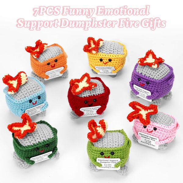 7pcs Emotional Support Dumpster Fire Gift Set Handmade Crochet Desk Accessories Room Decor Funny Gifts
