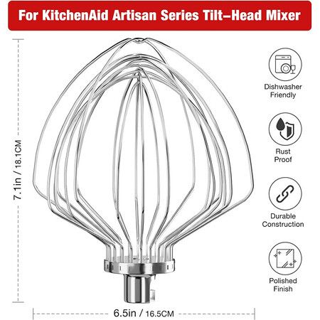 KN211WW Stainless Steel 11 Wire Whip Attachment for KitchenAid Bowl Lift Mixer 7 Quart Bowl, Stainless Steel Whisk Replacement for Kitchen Aid Mixer