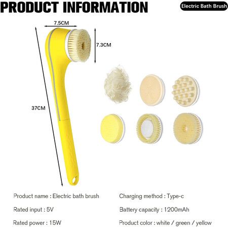 Electric Body Brush Set for Showering, Exfoliating Bath Brush Long Handle for Shower, Body Scrubber with 6 Shower Brush Heads for Women Men, Yellow