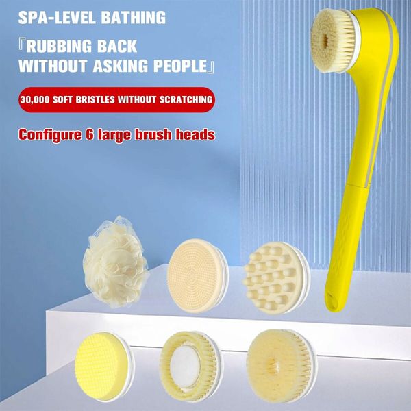 Electric Body Brush Set for Showering, Exfoliating Bath Brush Long Handle for Shower, Body Scrubber with 6 Shower Brush Heads for Women Men, Yellow