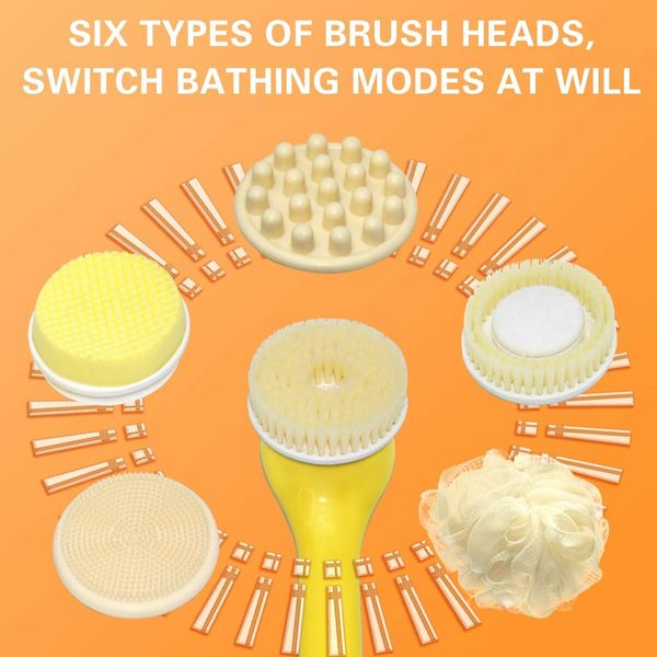 Electric Body Brush Set for Showering, Exfoliating Bath Brush Long Handle for Shower, Body Scrubber with 6 Shower Brush Heads for Women Men, Yellow