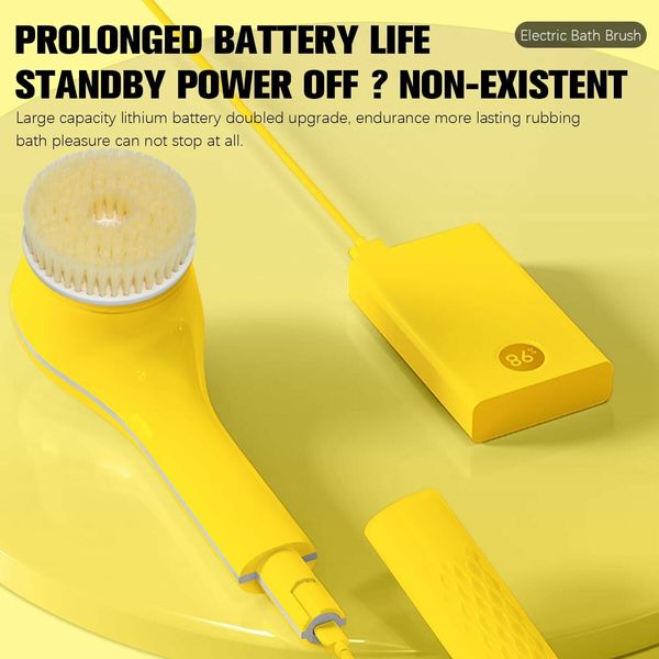 Electric Body Brush Set for Showering, Exfoliating Bath Brush Long Handle for Shower, Body Scrubber with 6 Shower Brush Heads for Women Men, Yellow