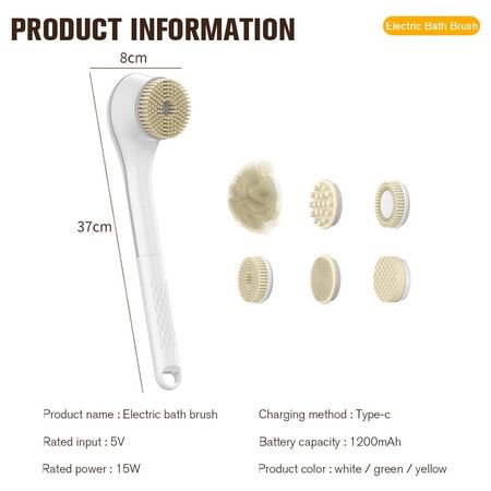 Electric Body Brush Set for Showering, Exfoliating Bath Brush Long Handle for Shower, Body Scrubber with 6 Shower Brush Heads for Women Men, White