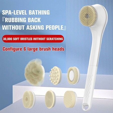 Electric Body Brush Set for Showering, Exfoliating Bath Brush Long Handle for Shower, Body Scrubber with 6 Shower Brush Heads for Women Men, White