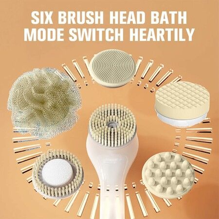 Electric Body Brush Set for Showering, Exfoliating Bath Brush Long Handle for Shower, Body Scrubber with 6 Shower Brush Heads for Women Men, White