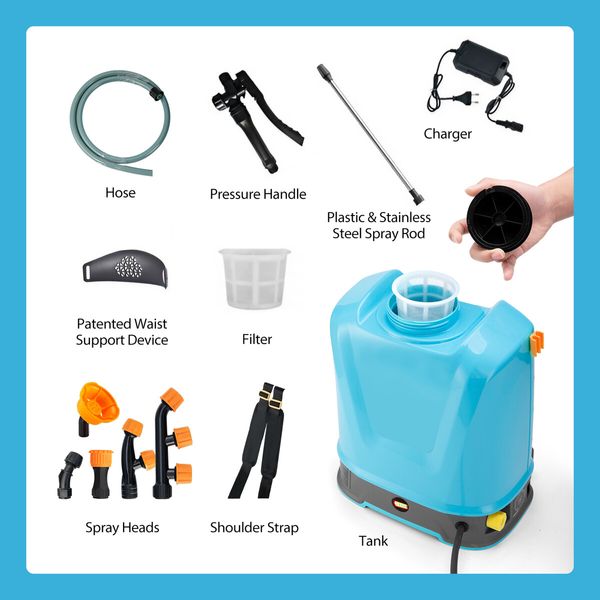 16L Electric Backpack Sprayer Disinfection Garden Watering Weed Remover 12V Rechargeable Battery Powered Herbicide Car Wash Knapsack Motor Auto Mixing