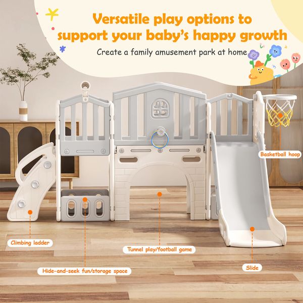8in1 Kids Slide Set Ladder Steps Indoor Playground Basketball Hoop Activity Centre Play Climber Telescope Ring Toss Game Tunnel Outdoor Toys Playset