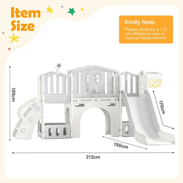 8in1 Kids Slide Set Ladder Steps Indoor Playground Basketball Hoop Activity Centre Play Climber Telescope Ring Toss Game Tunnel Outdoor Toys Playset