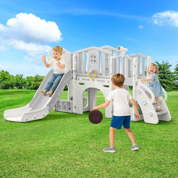 8in1 Kids Slide Set Ladder Steps Indoor Playground Basketball Hoop Activity Centre Play Climber Telescope Ring Toss Game Tunnel Outdoor Toys Playset