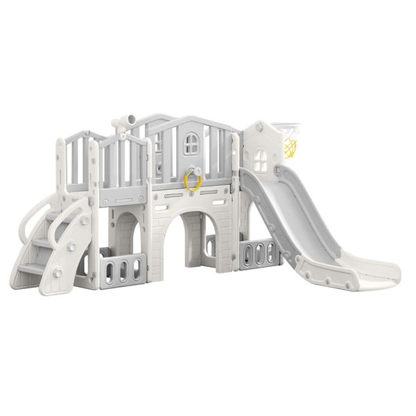 8in1 Kids Slide Set Ladder Steps Indoor Playground Basketball Hoop Activity Centre Play Climber Telescope Ring Toss Game Tunnel Outdoor Toys Playset