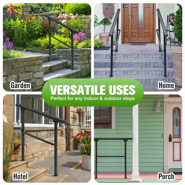 Stair Handrail Railings 3 to 4 Steps Adjustable Safety Metal Guard Hand Rails Kit for Outdoor Staircases Decks Porches Black