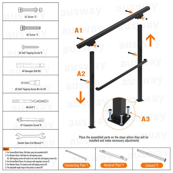 Stair Handrail Railings 3 to 4 Steps Adjustable Safety Metal Guard Hand Rails Kit for Outdoor Staircases Decks Porches Black