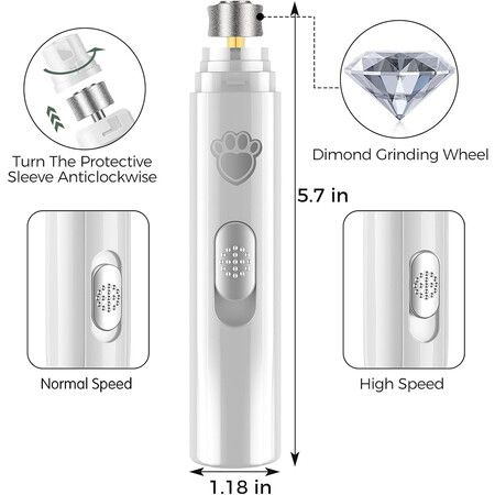 Dog Nail Grinder, Rechargeable Dog Nail Trimmers for Large Medium Small Dogs, Electric Pet Paws Grooming, Quiet Puppy Grooming Tool, White