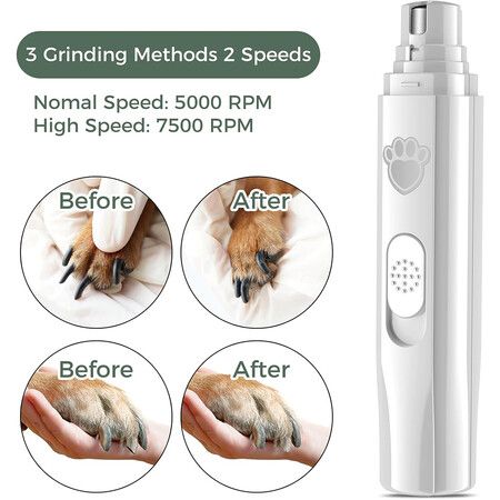 Dog Nail Grinder, Rechargeable Dog Nail Trimmers for Large Medium Small Dogs, Electric Pet Paws Grooming, Quiet Puppy Grooming Tool, White