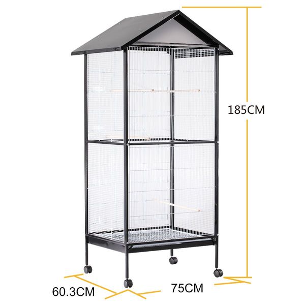 Large Bird Cage Parrot Pet House Canary Budgies Home Aviary Perch Indoor Outdoor Stand Alone Apex Roof & Wheels 185cm