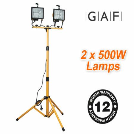 GAF 1000 Watt Halogen Floodlight Work Lamp - Extendable Tripod Stand 1.6 Metres Tall