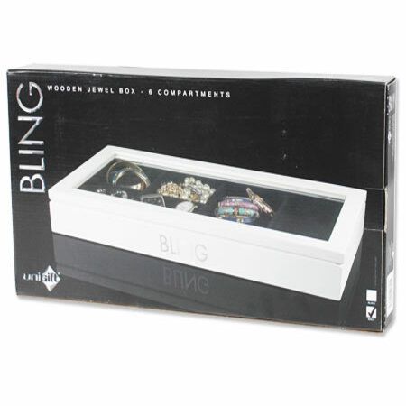 Large Rectangular Wooden Bling Jewellery Box Display with Top Glass Lid - 6 Compartment - White