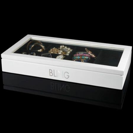 Large Rectangular Wooden Bling Jewellery Box Display with Top Glass Lid - 6 Compartment - White