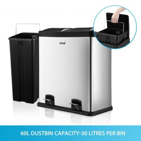 Modern 60L Dual Compartment Stainless Steel Garbage Bin