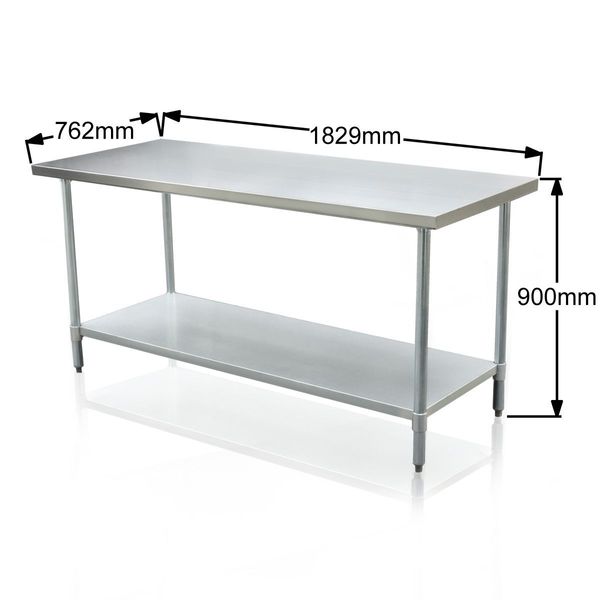 Kitchen Prep Table Cater Work Bench Table Stainless Steel W/Adjustable Feet -1829mmx760mm