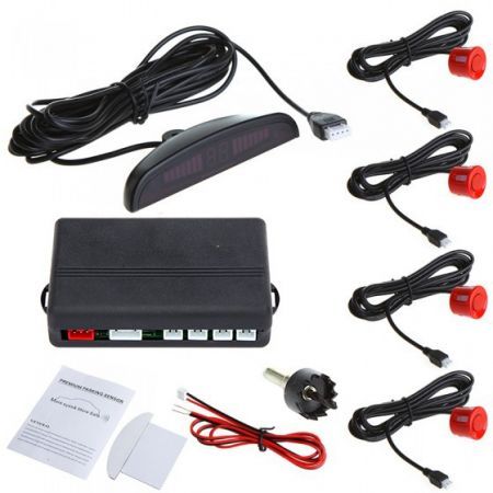 Car LED Parking Reverse Backup Radar System with Backlight Display + 4 Sensors Red