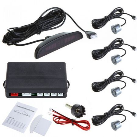 Car LED Parking Reverse Backup Radar System with Backlight Display + 4 Sensors Grey