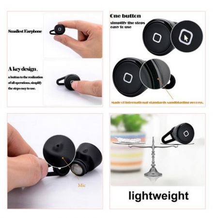 LUD Mini Bluetooth Wireless Stereo Headset Earphone Headphone for iPhone Samsung HTC Black