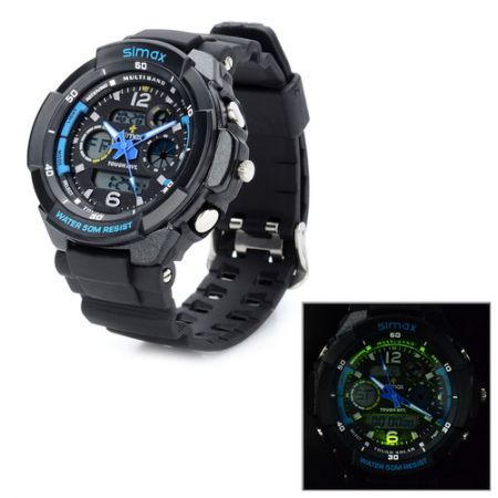 Sports Waterproof Dual Time Display Wrist Watch w/ Alarm / Stopwatch Blue