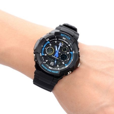 Sports Waterproof Dual Time Display Wrist Watch w/ Alarm / Stopwatch Blue