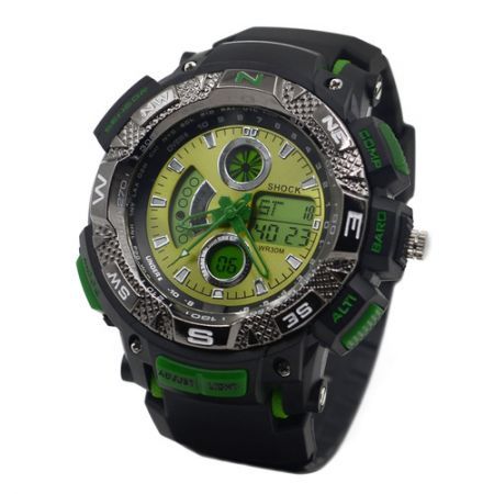 HY-1 Men's Quartz LED Electronics Dual Time Display Wrist Watch ?C Black + Green