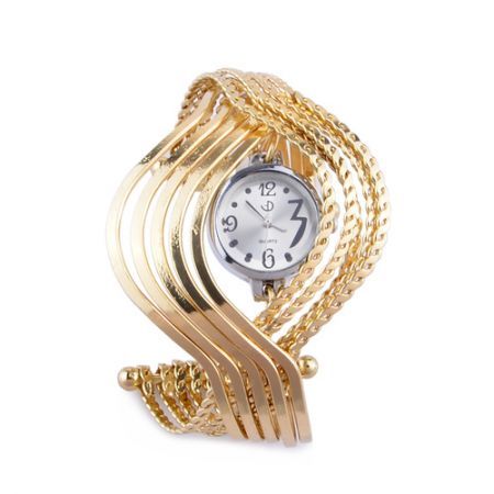 Women's Bangle Bracelet Quartz Wrist Watch w/ Mulriple Heliciform Loops Golden