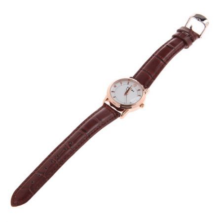 Women's Fashion Leather Strap Quartz Wrist Watch with Rhinestone Decoration - Brown + Rose Gold