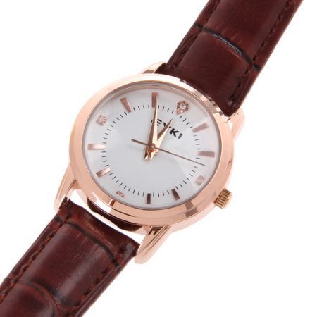 Women's Fashion Leather Strap Quartz Wrist Watch with Rhinestone Decoration - Brown + Rose Gold