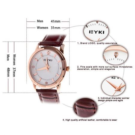 Women's Fashion Leather Strap Quartz Wrist Watch with Rhinestone Decoration - Brown + Rose Gold