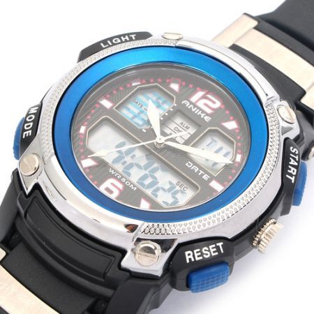 Sports Diving Dual Time Display Wrist Watch w/ Alarm Clock / Stopwatch - Black + Blue