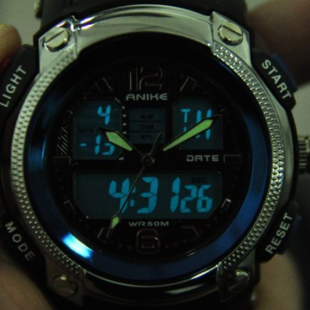 Sports Diving Dual Time Display Wrist Watch w/ Alarm Clock / Stopwatch - Black + Blue